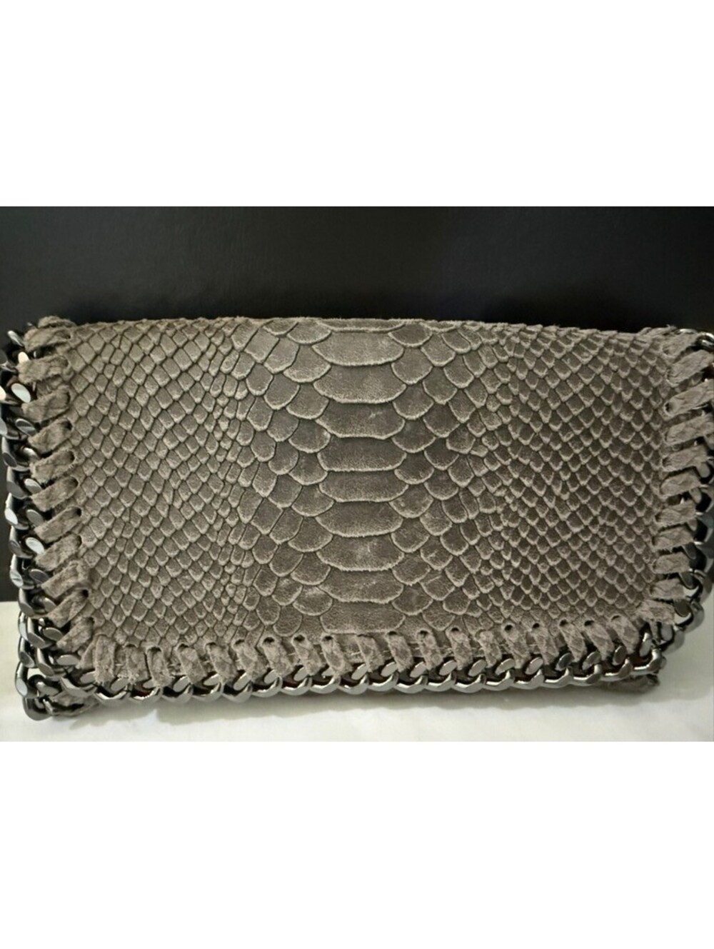 Borse in Pelle Made in Italy Gray Python Embossed Leather Chain Clutch Bag